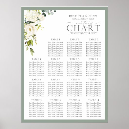 Elegant White Grey Green Floral Reception Seat Poster (Voorkant)