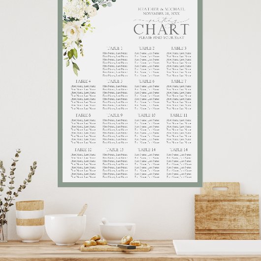 Elegant White Grey Green Floral Reception Seat Poster (Keuken)