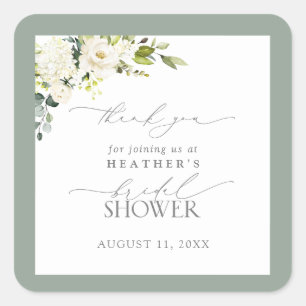 Elegant White Grey Green Floral Shower Vierkante Sticker