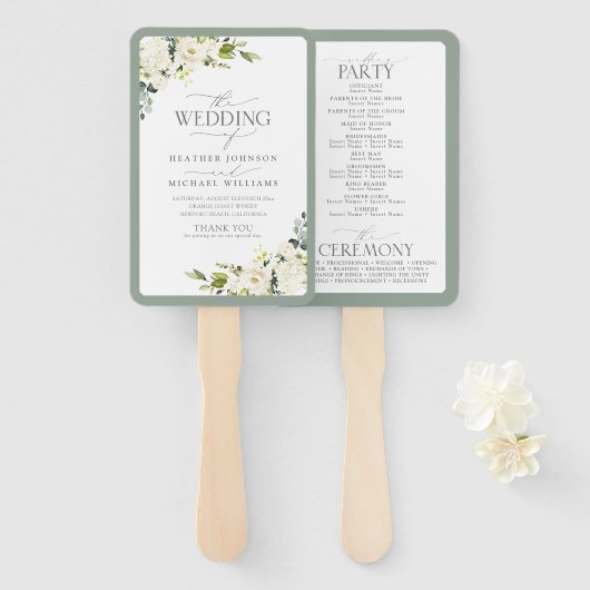 Elegant White Grey Green Floral Waterverf Programm Handwaaier (Voorkant en achterkant)