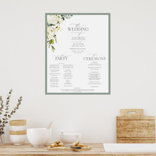 Elegant White Grey Green Floral Waterverf Programm Poster (Keuken)