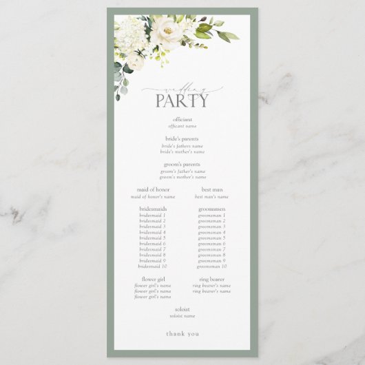 Elegant White Grey Green Floral Waterverf Programmakaart (Achterkant)