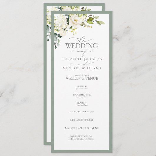 Elegant White Grey Green Floral Waterverf Programmakaart (Voorkant / Achterkant)