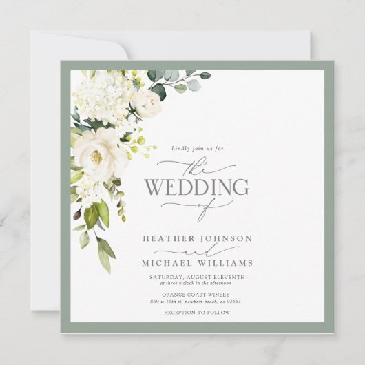 Elegant White Grey Green Floral Waterverf Script Kaart (Voorkant)