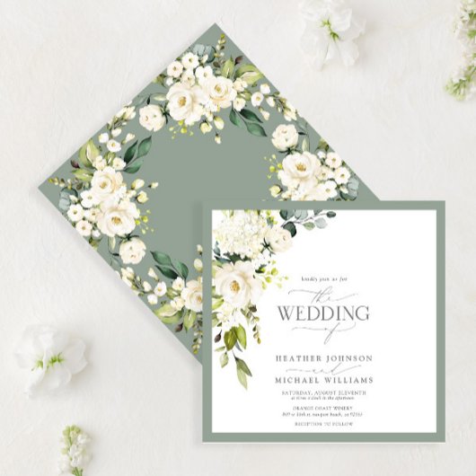 Elegant White Grey Green Floral Waterverf Script Kaart