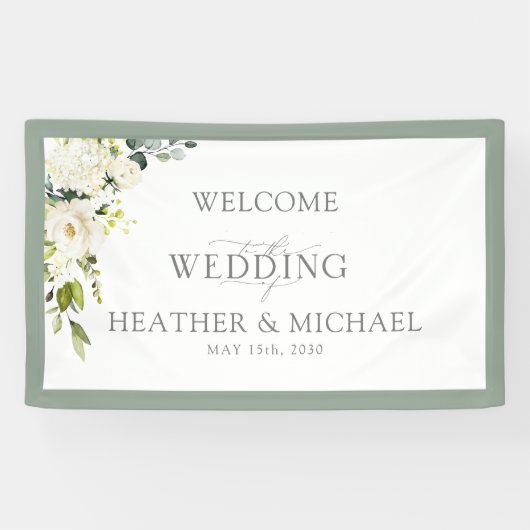 Elegant White Grey Green Floral Waterverf Script Spandoek (Horizontaal)