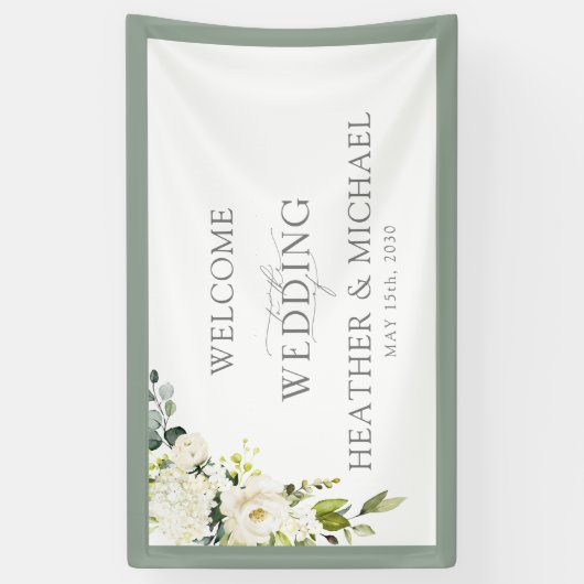 Elegant White Grey Green Floral Waterverf Script Spandoek (Verticaal)
