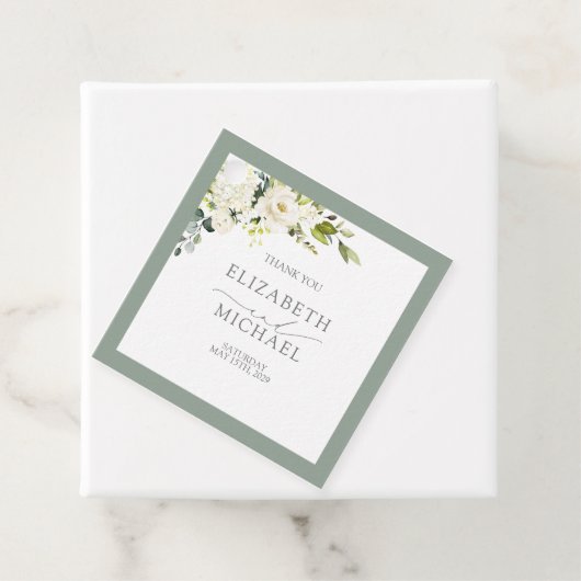 Elegant White Grey Green Floral Waterverf Wedding Bedankjes Labels (In situ)