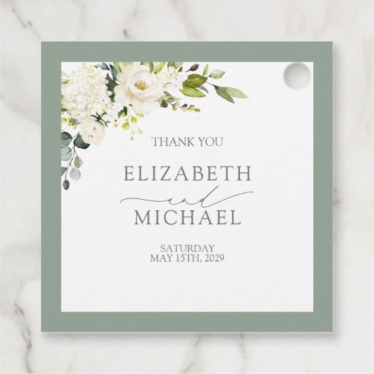 Elegant White Grey Green Floral Waterverf Wedding Bedankjes Labels (Achterkant)