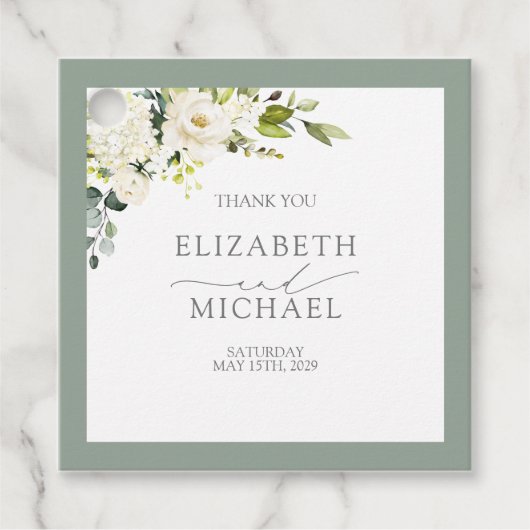 Elegant White Grey Green Floral Waterverf Wedding Bedankjes Labels (Voorkant)