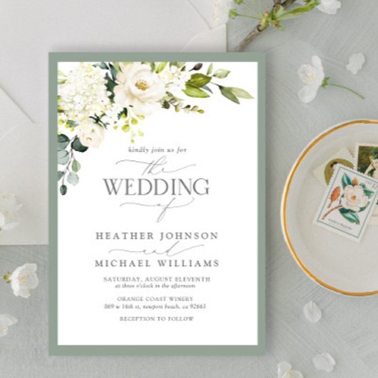 Elegant White Grey Green Floral Waterverf Wedding Kaart