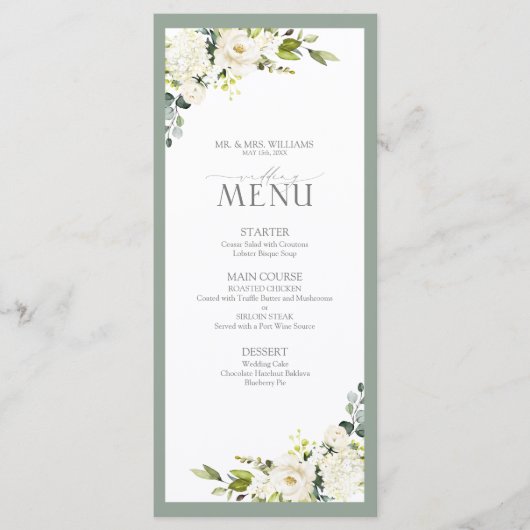 Elegant White Grey Green Floral Waterverf Wedding Menu (Voorkant)