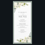 Elegant White Grey Green Floral Waterverf Wedding Menu<br><div class="desc">Creëer de perfecte receptie met dit trendy 4 x 9 inch menu-ontwerp met een prachtige verzameling witte bloemen zoals rozen en hydrangea, voorzien van een prachtige botanische groenery en gekanteld in een zacht grijs groen. Geef uw details een persoonlijk tintje met prachtige moderne, met de hand geschreven kalligrafie. Perfect voor,...</div>