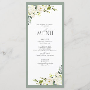 Elegant White Grey Green Floral Waterverf Wedding Menu