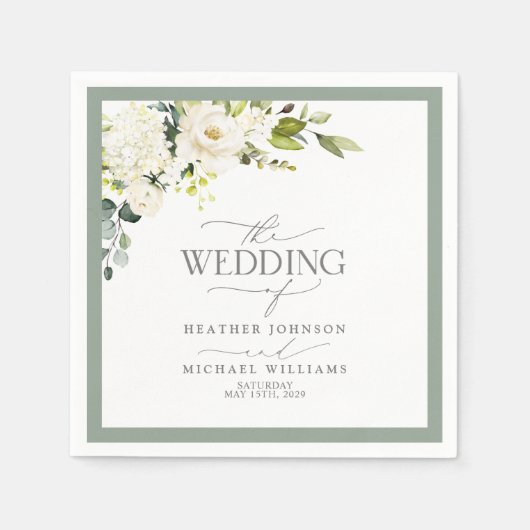 Elegant White Grey Green Floral Waterverf Wedding Servet (Voorkant)