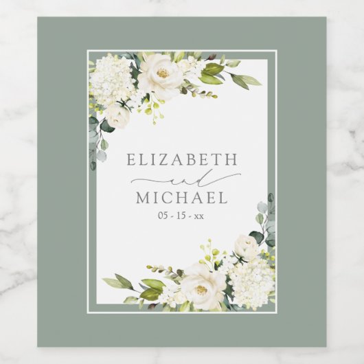 Elegant White Grey Green Floral Waterverf Wedding Wijn Etiket (Enkel label)