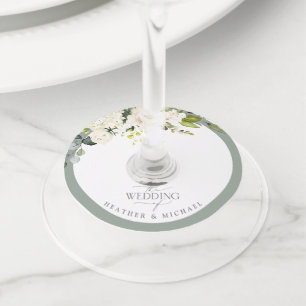Elegant White Grey Green Floral Waterverf Wedding Wijnglaslabel