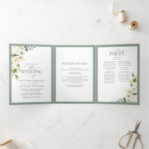 Elegant White Grey Green Meals Wedding Tri-Fold Drieluik Uitnodiging