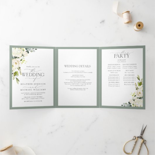 Elegant White Grey Green Meals Wedding Tri-Fold Drieluik Uitnodiging (Binnen)