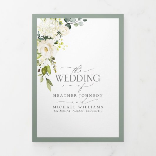 Elegant White Grey Green Meals Wedding Tri-Fold Drieluik Uitnodiging (Cover)