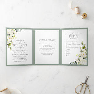 Elegant White Grey Green Meals Wedding Tri-Fold Drieluik Uitnodiging