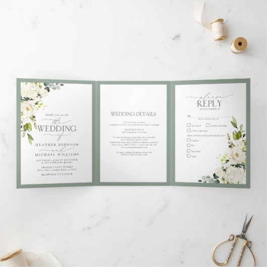 Elegant White Grey Green Meals Wedding Tri-Fold Drieluik Uitnodiging (Binnen)