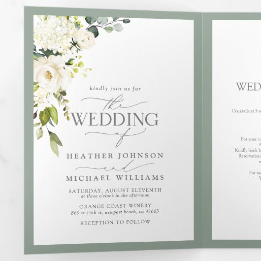 Elegant White Grey Green Meals Wedding Tri-Fold Drieluik Uitnodiging (Binnenzijde eerst)
