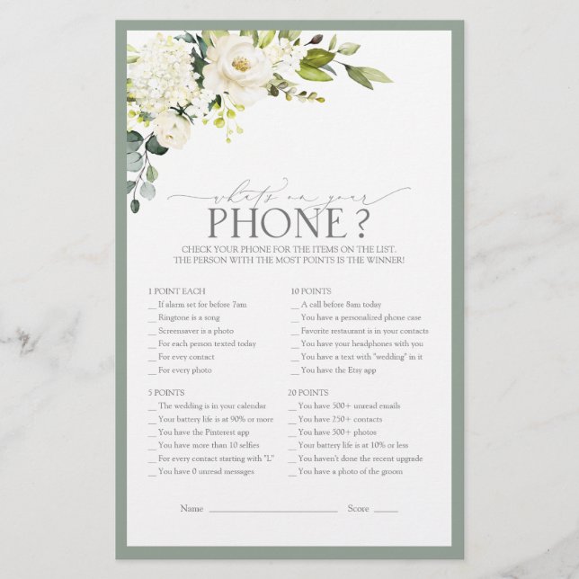 Elegant White Grey Green Vrijgezellenfeest Game (Voorkant)