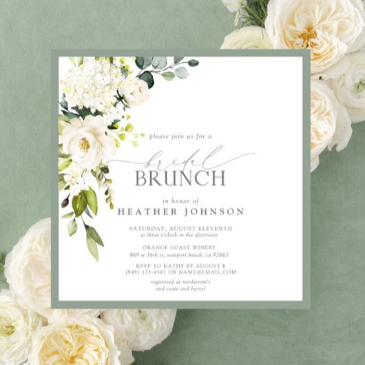 Elegant White Grey Green Waterverf Bridal Brunch Kaart