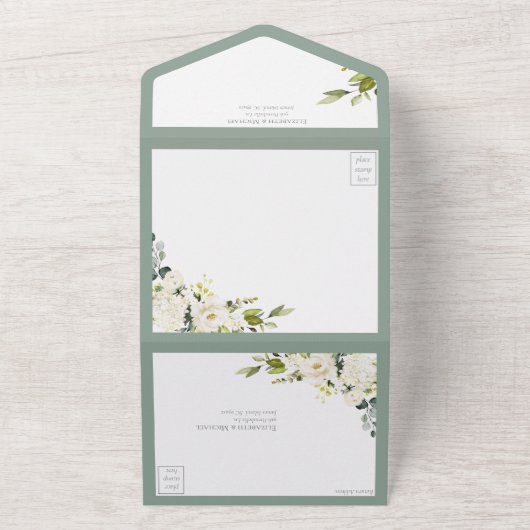 Elegant White Grey Green Waterverf Floral All In One Uitnodiging (Buitenkant)