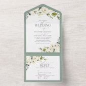 Elegant White Grey Green Waterverf Floral All In One Uitnodiging (Binnen)