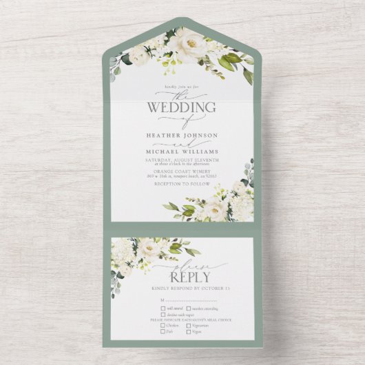 Elegant White Grey Green Waterverf Floral All In One Uitnodiging (Binnen)