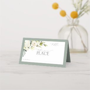 Elegant White Grey Green Waterverf Floral Plaatskaartje