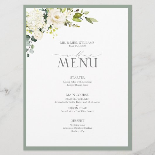 Elegant White Grey Green Waterverf Floral Wedding Menu (Voorkant)