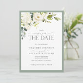 Elegant White Grey Green Waterverf Floral Wedding Save The Date (Staand voorkant)
