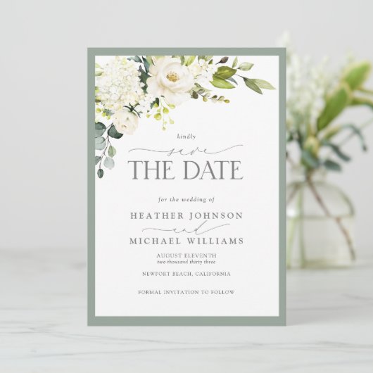 Elegant White Grey Green Waterverf Floral Wedding Save The Date (Staand voorkant)