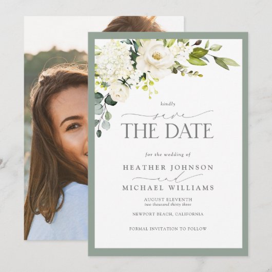 Elegant White Grey Green Waterverf Photo Wedding Save The Date (Voorkant / Achterkant)