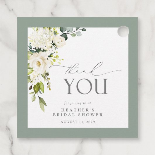 Elegant White Grey Green Waterverf Vrijgezellenfee Bedankjes Labels (Achterkant)