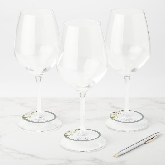 Elegant White Grey Green Waterverf Vrijgezellenfee Wijnglaslabel (Set)