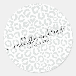 Elegant White Grey Leopard Cheetah Animal Print Ronde Sticker