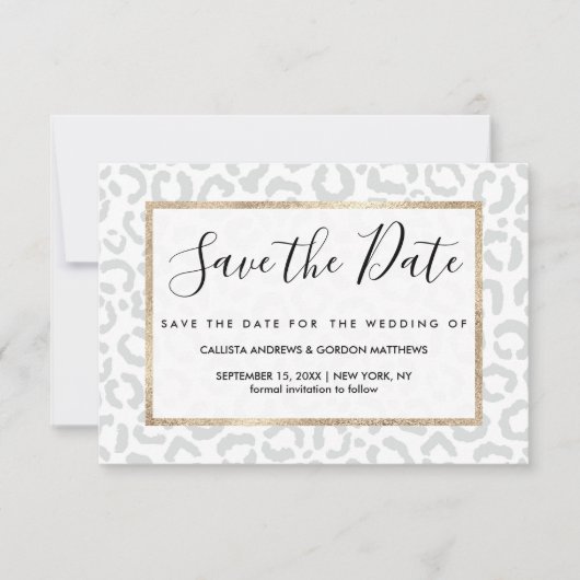 Elegant White Grey Leopard Cheetah Animal Print Save The Date (Voorkant)