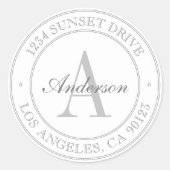 Elegant White & Grey Monogram Adres Ronde Sticker (Voorkant)