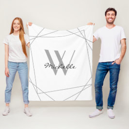 Elegant White Grey Monogram Name Script Geometric Fleece Deken