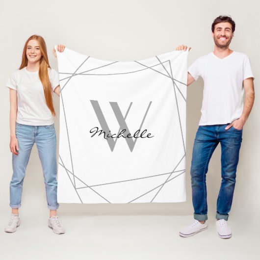 Elegant White Grey Monogram Name Script Geometric Fleece Deken (In situ)