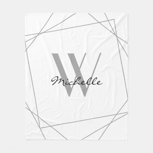 Elegant White Grey Monogram Name Script Geometric Fleece Deken (Voorkant)