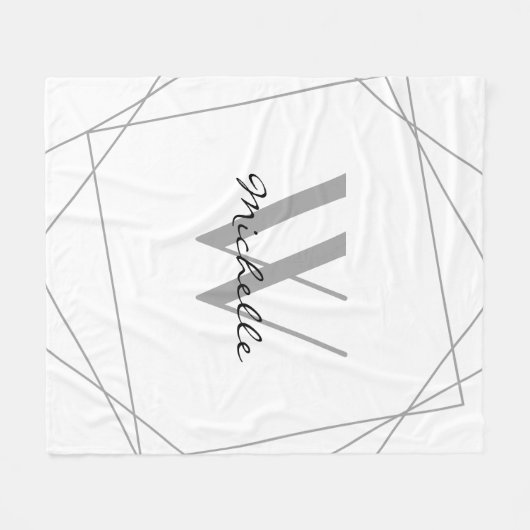 Elegant White Grey Monogram Name Script Geometric Fleece Deken (Voorkant (Horizontaal))