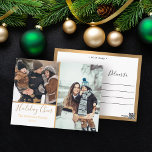 Elegant White Holiday Cheer Photo Collage Gold Briefkaart<br><div class="desc">Deze moderne vakantiekaart heeft een plaats voor 2 foto's en in een hand-brief manuscript geschreven. Er zijn faux gouden grenzen rond de foto's en de achterkant van het briefkaart.</div>