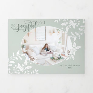 Elegant White Holly over Green met Calligrafie Fot Drieluik Wenskaart