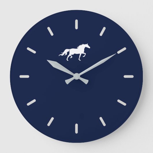 Elegant White Horse Silhouette over Navy Blue Grote Klok (Voorkant)
