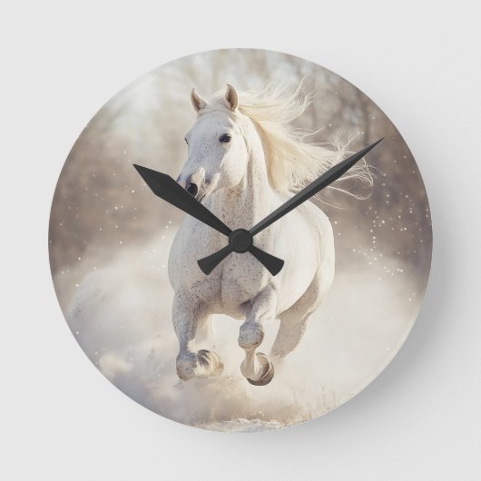 Elegant White Horse Wall Clock - Majestic Animal A Ronde Klok (Voorkant)